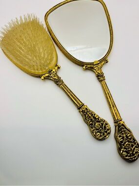 Vintage Heavy Gold Vanity Hand Mirror & Hair Brush Set – Ornate Rococo Style